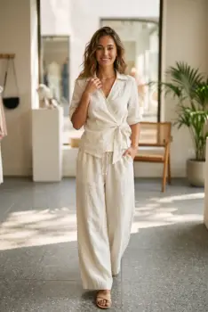 Pantaloni de vara din in, cu croi palazzo si talie elastica, ivoire imagine
