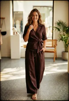 Pantaloni de vara din in, cu croi palazzo si talie elastica, maro imagine