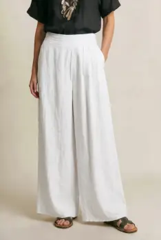 Pantaloni de vara din in cu croiala ampla si pliuri in talie, albi imagine
