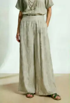 Pantaloni de vara din in cu croiala ampla si pliuri in talie, bej imagine