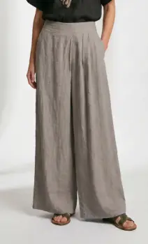Pantaloni de vara din in cu croiala ampla si pliuri in talie, bej inchis imagine