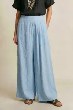 Pantaloni de vara din in cu croiala ampla si pliuri in talie, bleu imagine