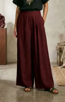 Pantaloni de vara din in cu croiala ampla si pliuri in talie, bordo imagine