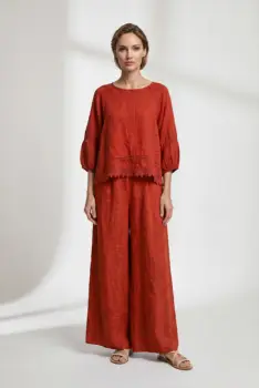 Pantaloni de vara din in cu croiala ampla si pliuri in talie, caramizii imagine