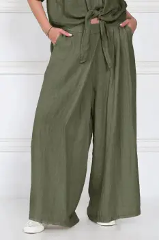 Pantaloni de vara din in cu croiala ampla si pliuri in talie, kaki imagine