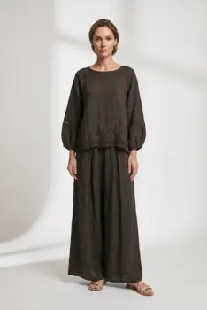 Pantaloni de vara din in cu croiala ampla si pliuri in talie, maro imagine