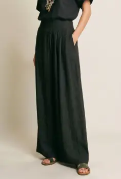 Pantaloni de vara din in cu croiala ampla si pliuri in talie, negri imagine
