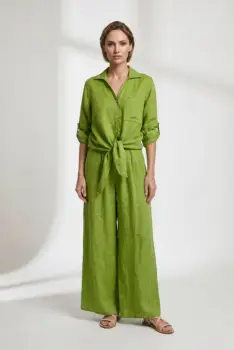 Pantaloni de vara din in cu croiala ampla si pliuri in talie, verde olive imagine