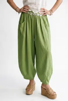Pantaloni de vara din in si vascoza cu croi balon oversized, vede olive imagine