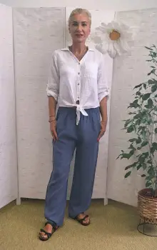 Pantaloni de vara, drepti, din in, cu siret in talie, albastru jeans imagine
