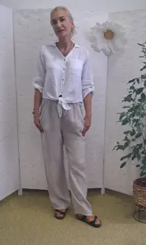 Pantaloni de vara, drepti, din in, cu siret in talie, bej imagine