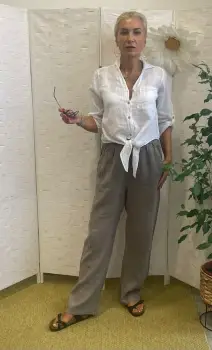 Pantaloni de vara, drepti, din in, cu siret in talie, bej inchis imagine