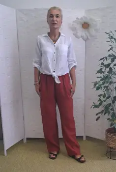 Pantaloni de vara, drepti, din in, cu siret in talie, caramizii imagine