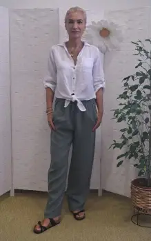 Pantaloni de vara, drepti, din in, cu siret in talie, kaki imagine