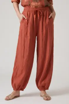 Pantaloni de vara Harem, din in, croi balon, cu siret in talie, caramizii imagine