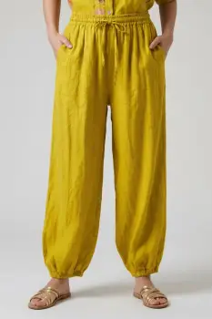 Pantaloni de vara Harem, din in, croi balon, cu siret in talie, galbeni imagine