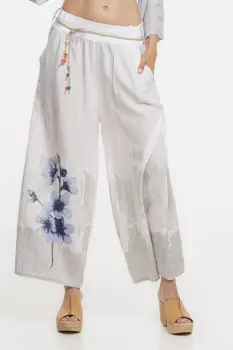 Pantaloni de vara largi din in alb cu imprimeu floral artistic imagine