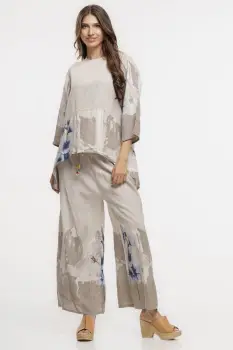 Pantaloni de vara largi din in bej cu imprimeu floral artistic imagine
