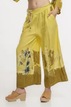 Pantaloni de vara largi din in galben cu imprimeu floral artistic imagine
