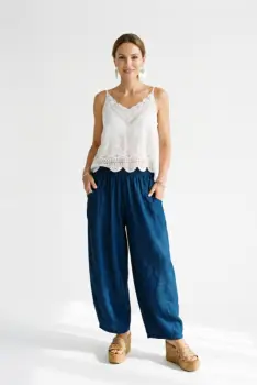Pantaloni din denim subtire cu croi balon oversize, bleumarin imagine