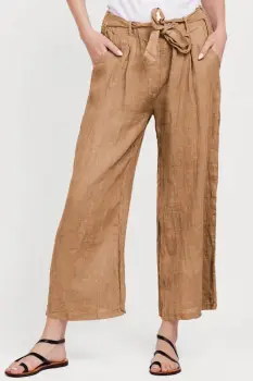 Pantaloni din in, cu cordon in talie, camel imagine