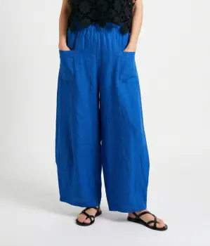 Pantaloni din in cu croiala ampla tip balon, albastru electric imagine