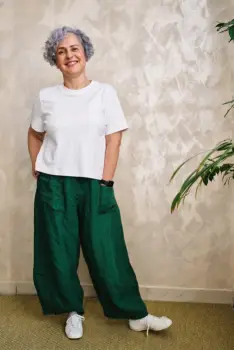 Pantaloni din in cu croiala ampla tip balon, verde smarald imagine
