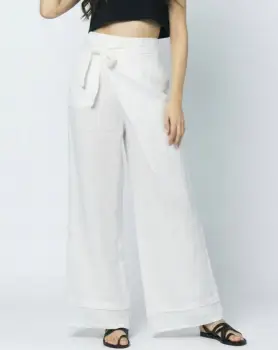 Pantaloni din in petrecuti, croi amplu, talie ajustabila, stil natural elegant, albi imagine