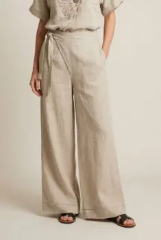 Pantaloni din in petrecuti, croi amplu, talie ajustabila, stil natural elegant, bej imagine
