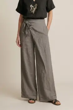 Pantaloni din in petrecuti, croi amplu, talie ajustabila, stil natural elegant, bej inchis imagine