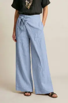 Pantaloni din in petrecuti, croi amplu, talie ajustabila, stil natural elegant, bleu imagine