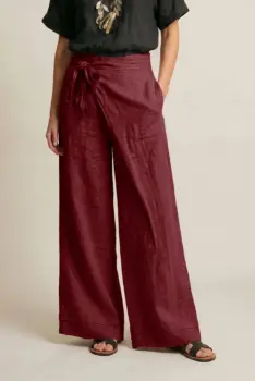 Pantaloni din in petrecuti, croi amplu, talie ajustabila, stil natural elegant, bordo imagine