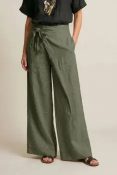 Pantaloni din in petrecuti, croi amplu, talie ajustabila, stil natural elegant, kaki imagine