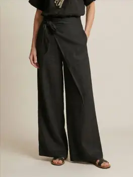 Pantaloni din in petrecuti, croi amplu, talie ajustabila, stil natural elegant, negri imagine