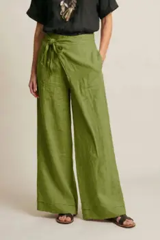 Pantaloni din in petrecuti, croi amplu, talie ajustabila, stil natural elegant, verde oliv imagine