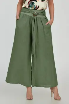 Pantaloni drepi, largi, de vara, din in, cu accesoriu de lemn, kaki imagine