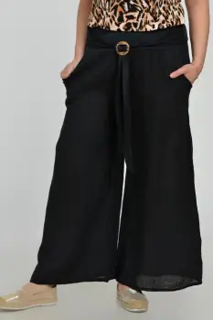 Pantaloni drepi, largi, de vara, din in, cu accesoriu de lemn, negri imagine