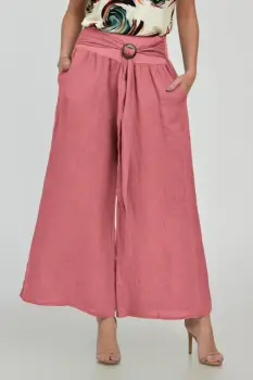 Pantaloni drepi, largi, de vara, din in, cu accesoriu de lemn, roz inchis imagine