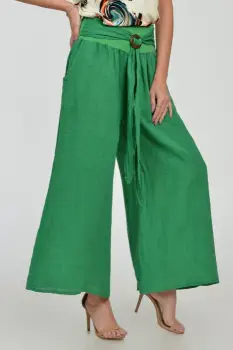 Pantaloni drepi, largi, de vara, din in, cu accesoriu de lemn, verzi imagine