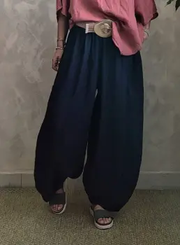 Pantaloni foarte largi din in cu croi balon si buzunare, bleumarin imagine