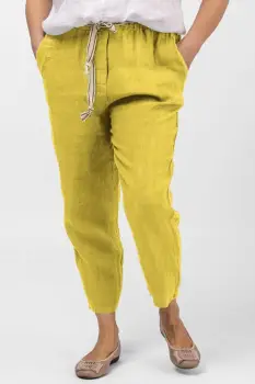 Pantaloni galben din in, pana, cu snur alb imagine