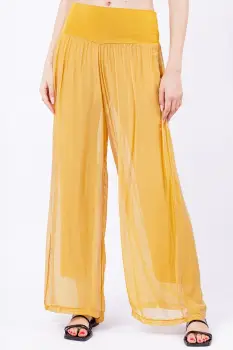 Pantaloni galbeni, drepti, cu dublura, din matase naturala imagine