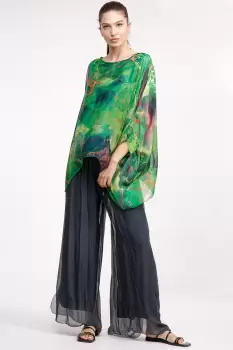 Pantaloni gri antracit din matase naturala cu crapaturi laterale imagine