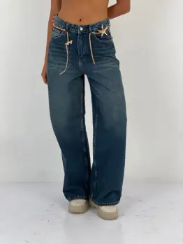 Pantaloni jeans denim croiala larga, albastru imagine