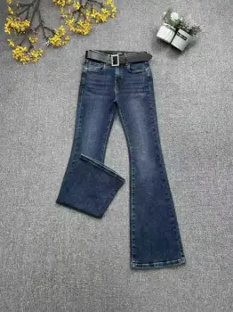 Pantaloni jeans denim CUDI, croiala evazata, cu curea inclusa imagine