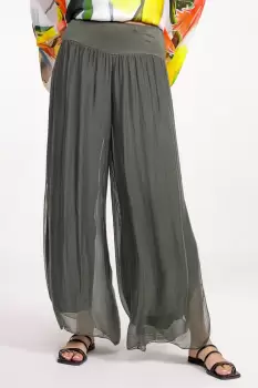 Pantaloni kaki din matase naturala cu crapaturi laterale imagine