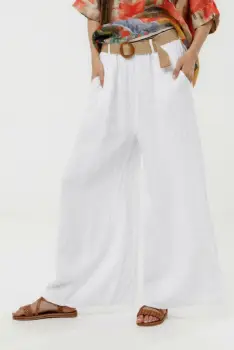 Pantaloni largi de vara, din in albi cu croi lejer si curea din sfoara imagine