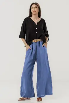 Pantaloni largi de vara, din in alnstru jeans cu croi lejer si curea din sfoara imagine
