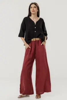 Pantaloni largi de vara, din in bordo cu croi lejer si curea din sfoara imagine