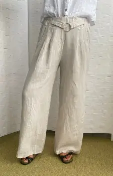 Pantaloni largi de vara din in, cu cerc metalic, bej imagine